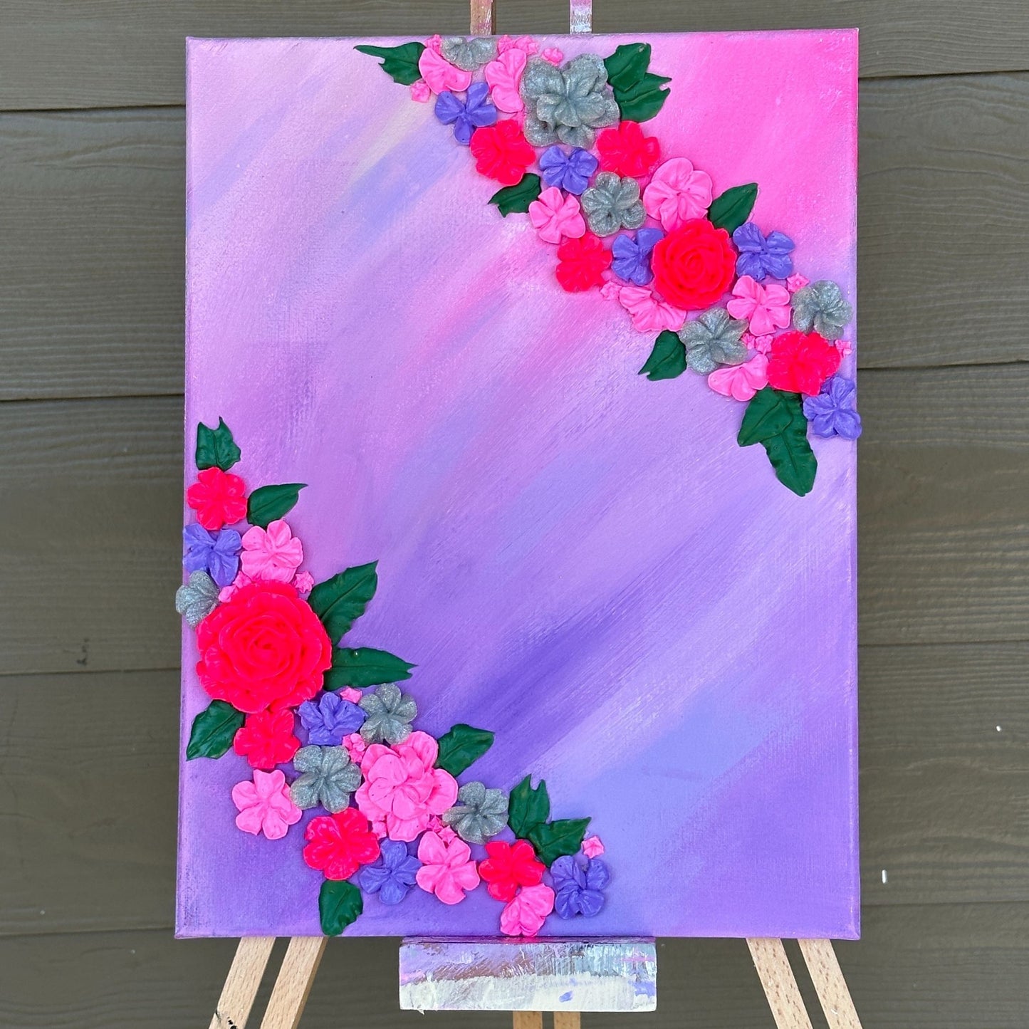 3D Texture Bright Pink and Purple Roses on Pink and Purple 12"x16"