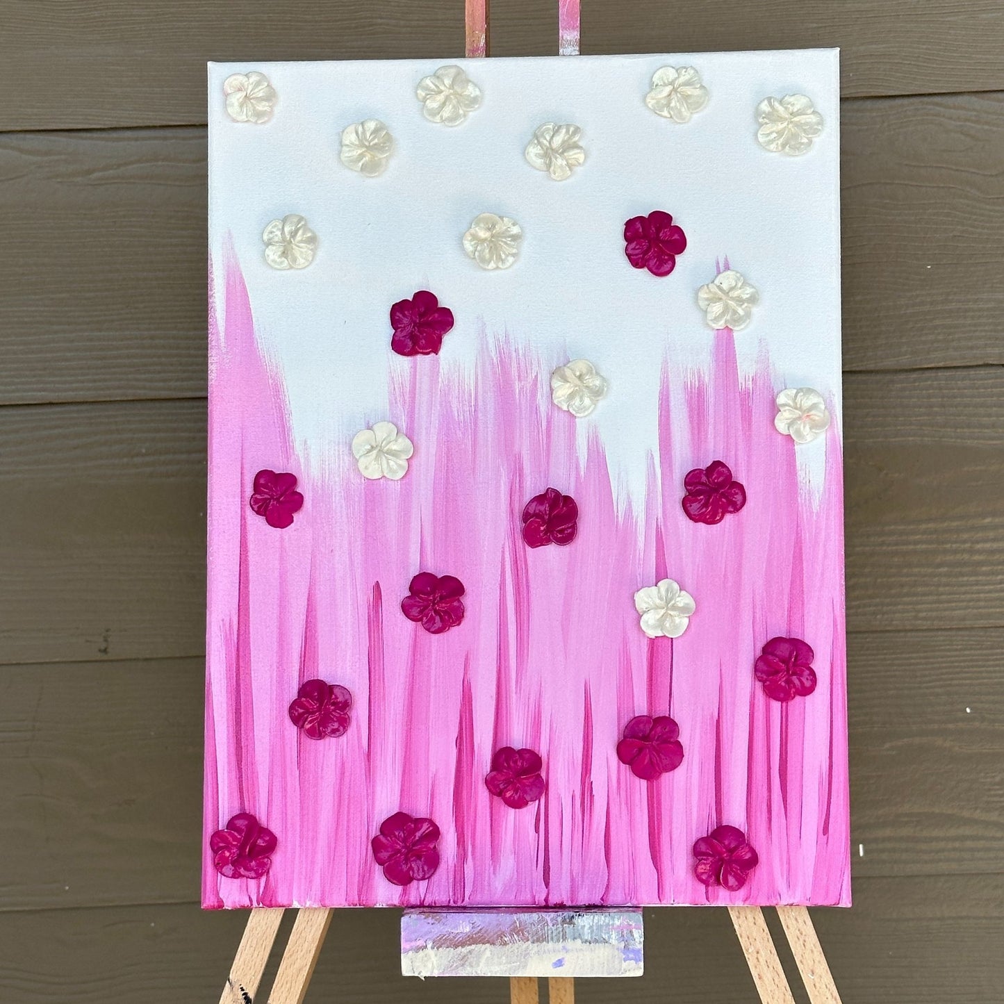 3D Texture Pink and White Pearl Flowers on Pink and White Canvas 12"x16"