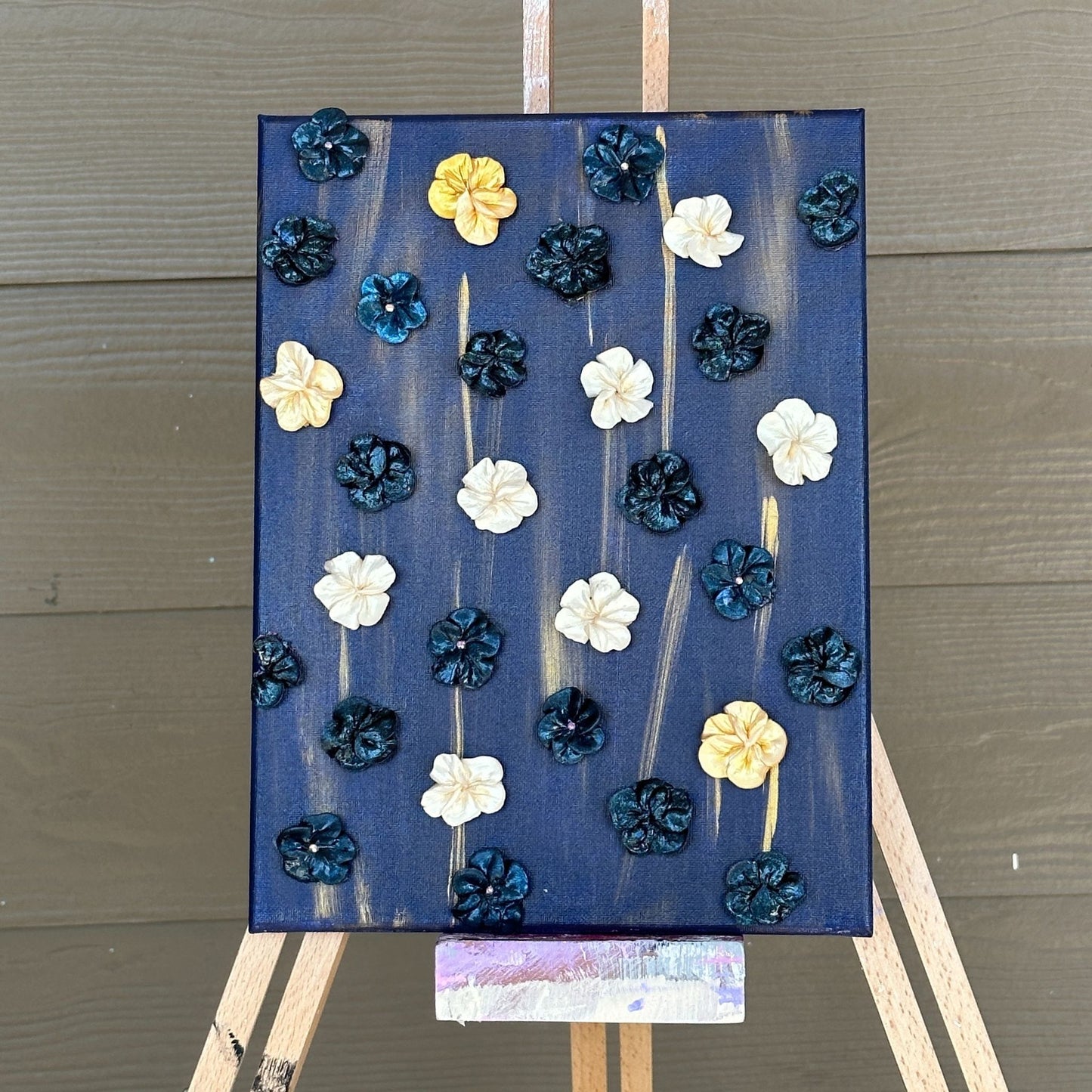 3D Navy Glitter, White, and Gold Pearl Flowers on Navy and Gold Canvas 9"x12"