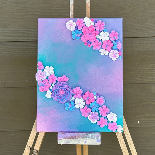 3D Unicorn Floral Painting with Pink Purple White and Blue flowers on Pink Purple and Blue Canvas 9"x12"