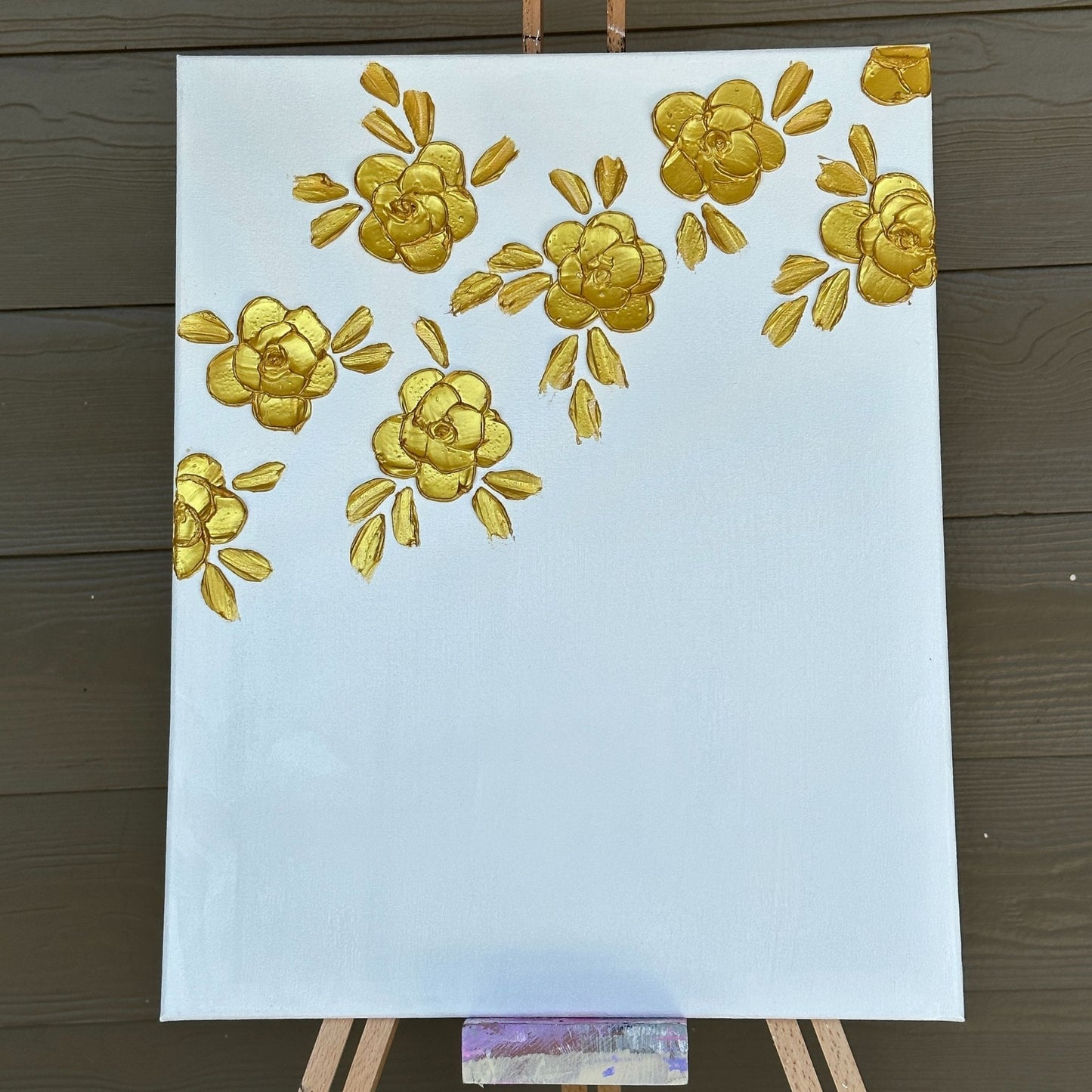 3D Texture Gold Pearl Roses on White Canvas 16"x20"