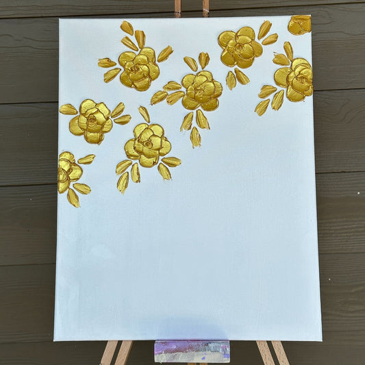 3D Texture Gold Pearl Roses on White Canvas 16"x20"