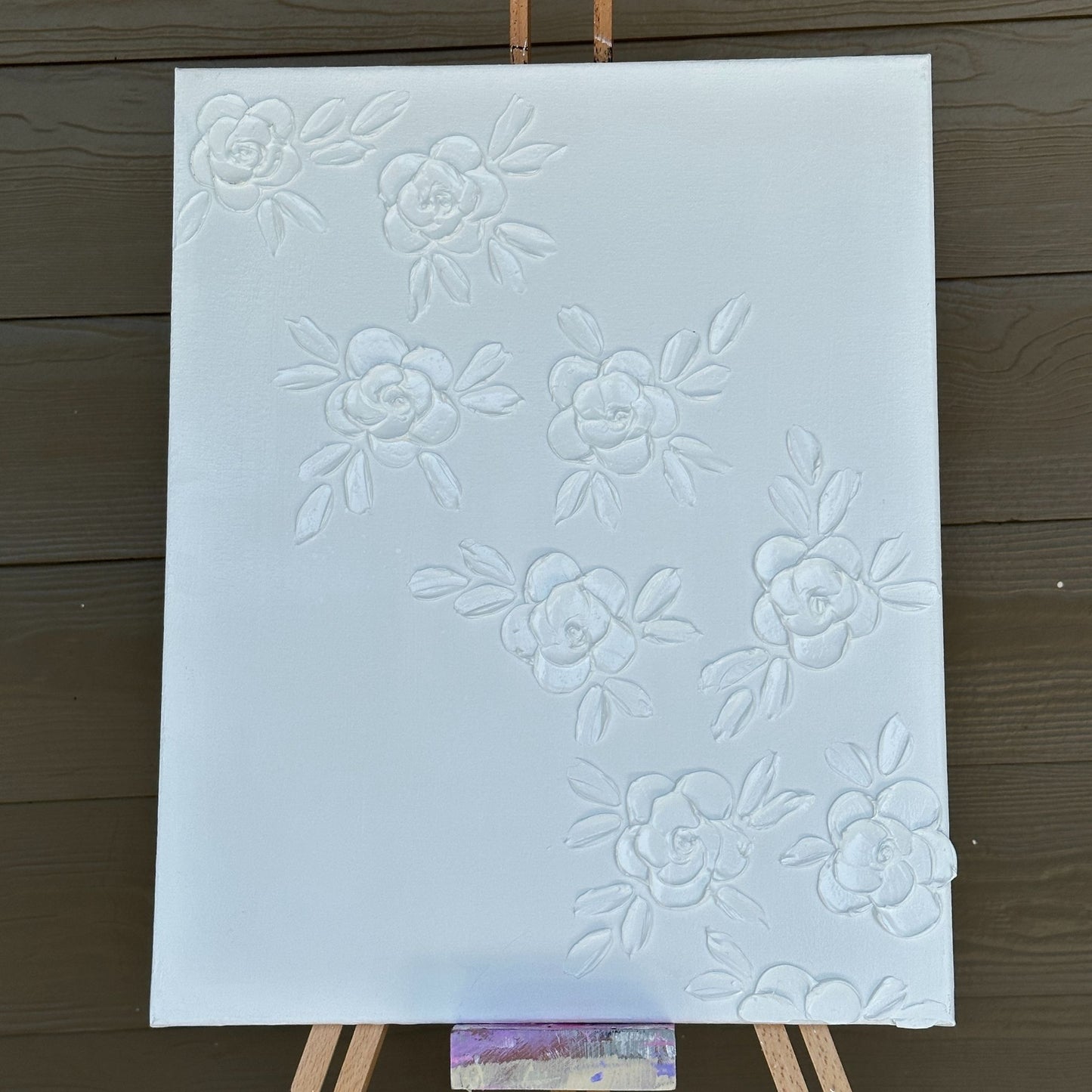 3D Texture White Roses on White Canvas 16"x20"