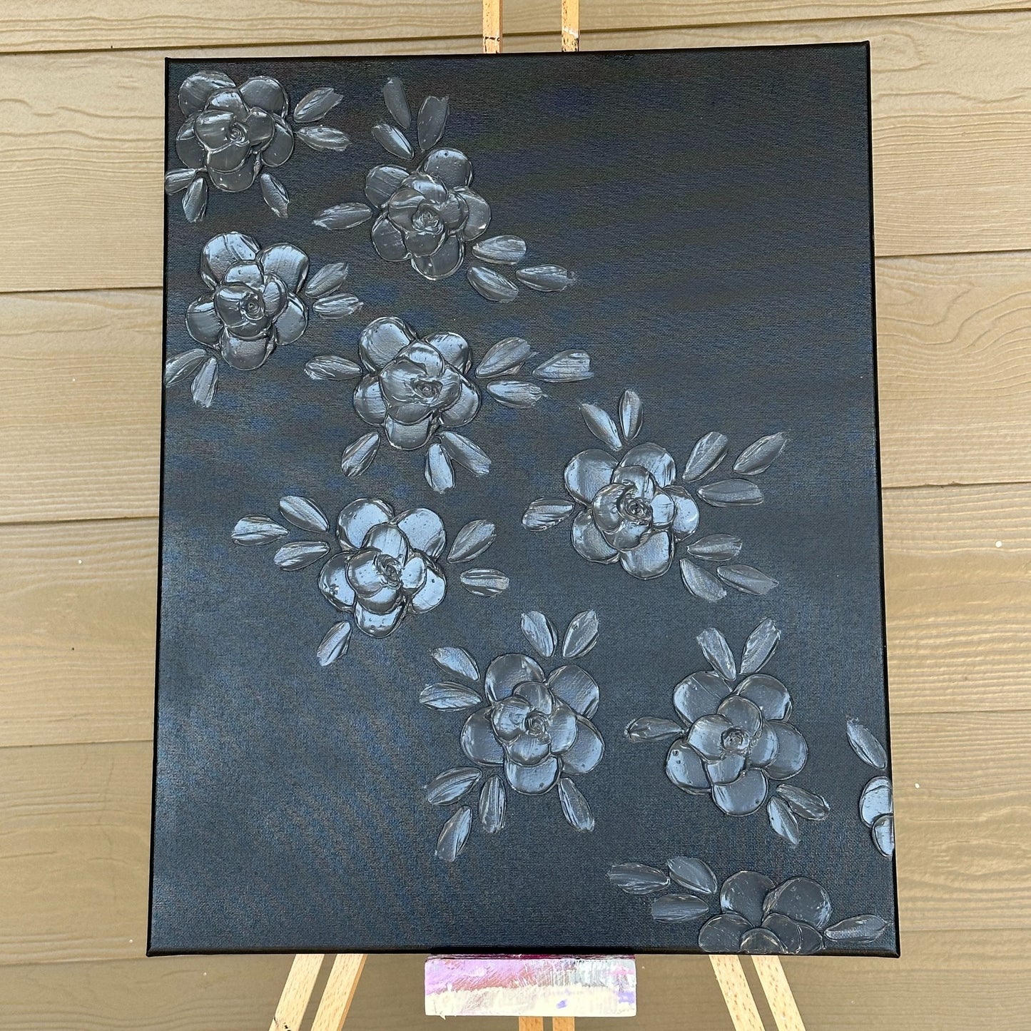 3D Texture Black Roses on Black Canvas 16"x20"