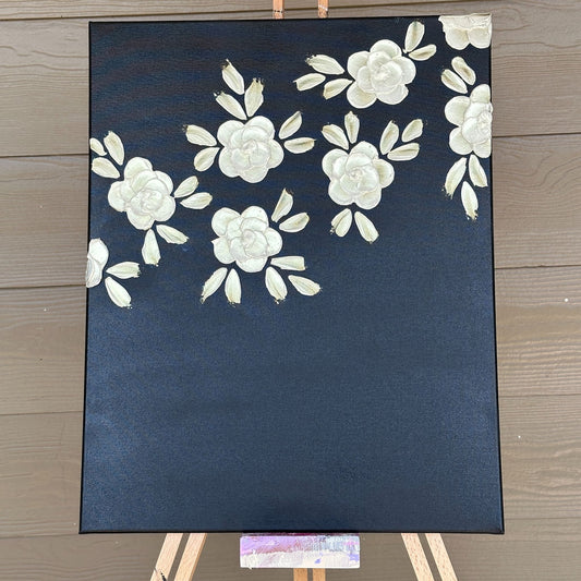 3D Texture White Pearl Roses on Black Canvas 16"x20"