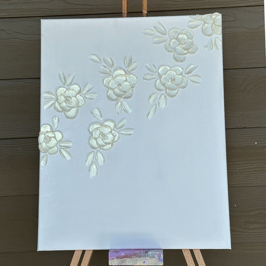 3D Texture White Pearl Roses on White Canvas 16"x20"