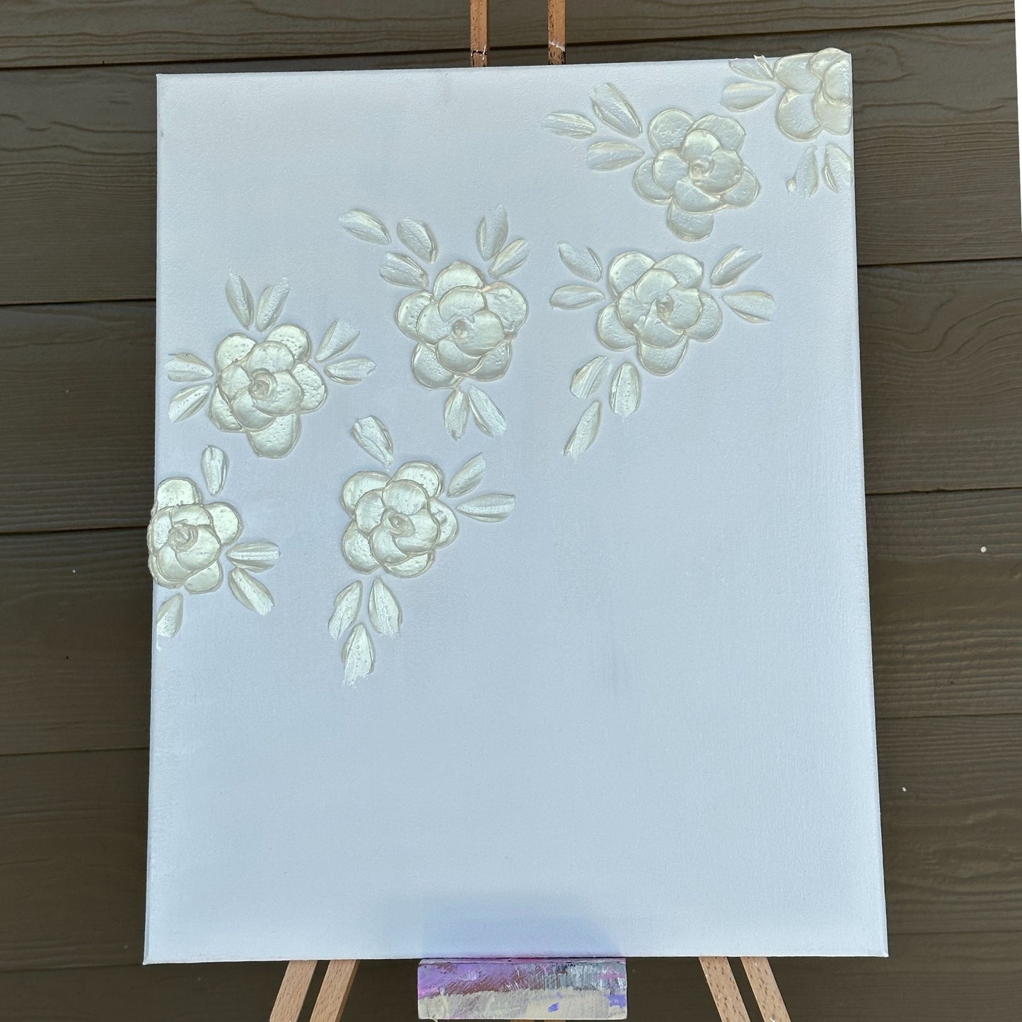 3D Texture White Pearl Roses on White Canvas 16"x20"