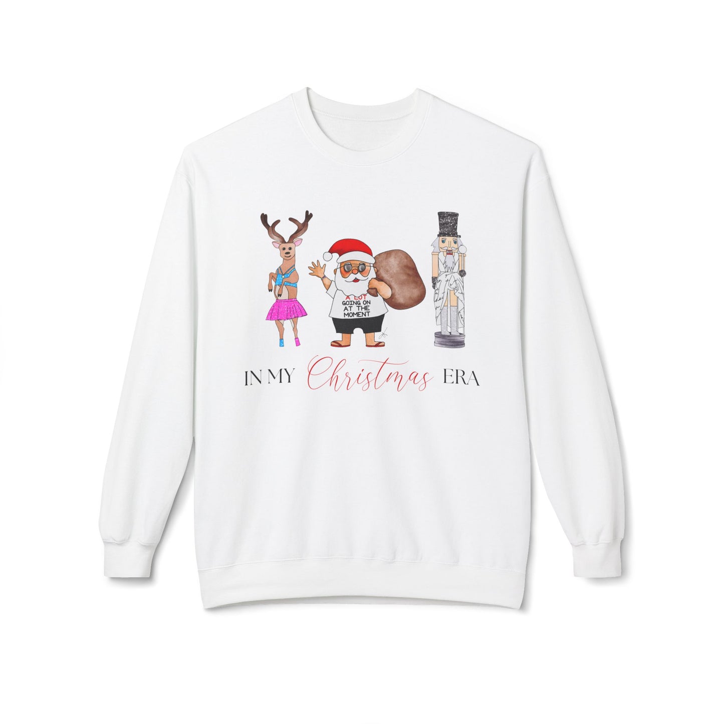 In My Christmas Era Holiday Santa Nutcracker Reindeer Illustration Unisex Midweight Softstyle Fleece Crewneck Sweatshirt