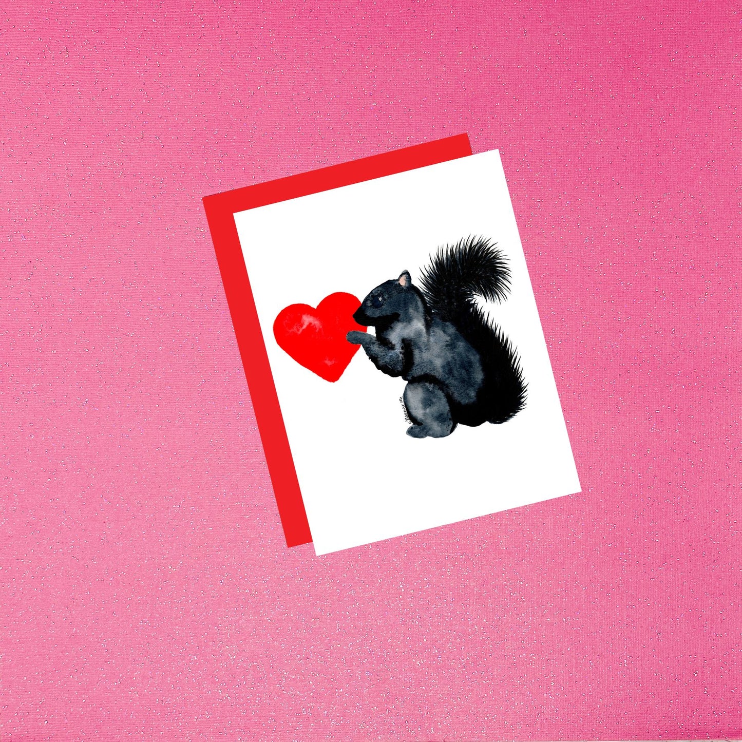 Valentine's Day - Black Squirrel Holding A Heart Watercolor Card