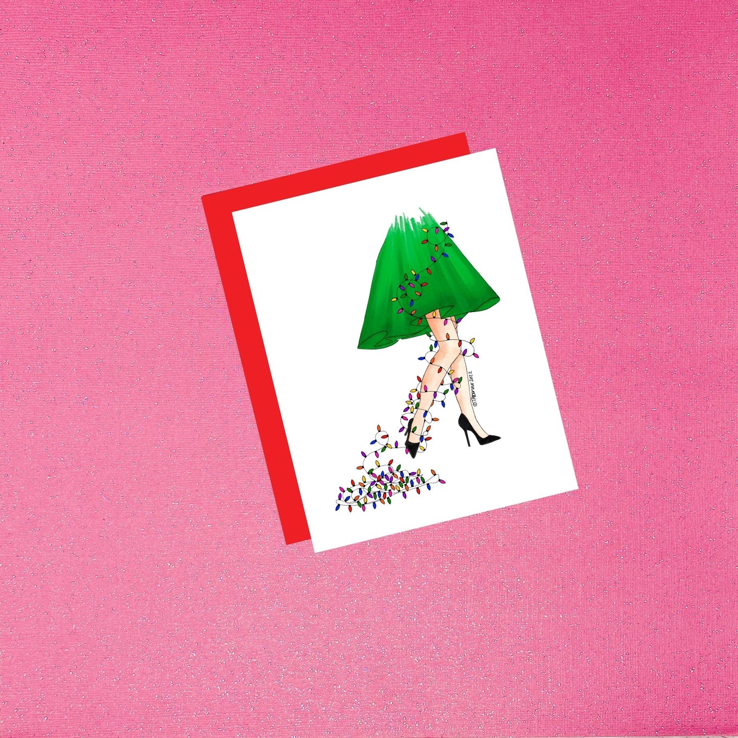 Holiday - Strands of Glamour - Green - Fair Skin | Unique Fashion Illustration Christmas Card