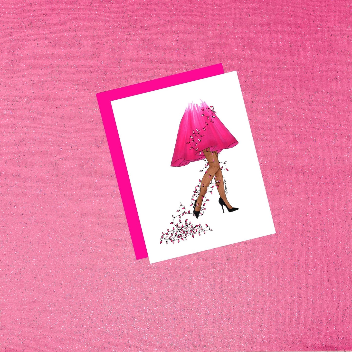 Holiday - Strands of Glamour - Pink - Dark Skin | Unique Fashion Illustration Christmas Card