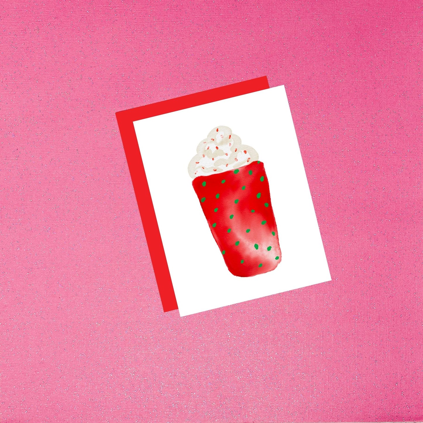 Holiday - Festive Red Coffee Cup with Green Dots | Watercolor Holiday Card