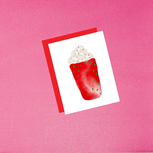 Holiday - Festive Red Coffee Cup with Green Dots | Watercolor Holiday Card