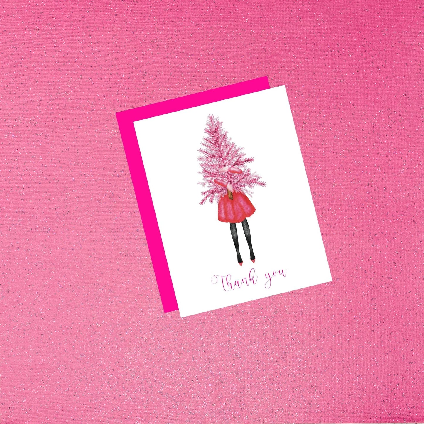 Holiday - Fashion Illustration Pink Christmas Tree And Coat Thank You Card