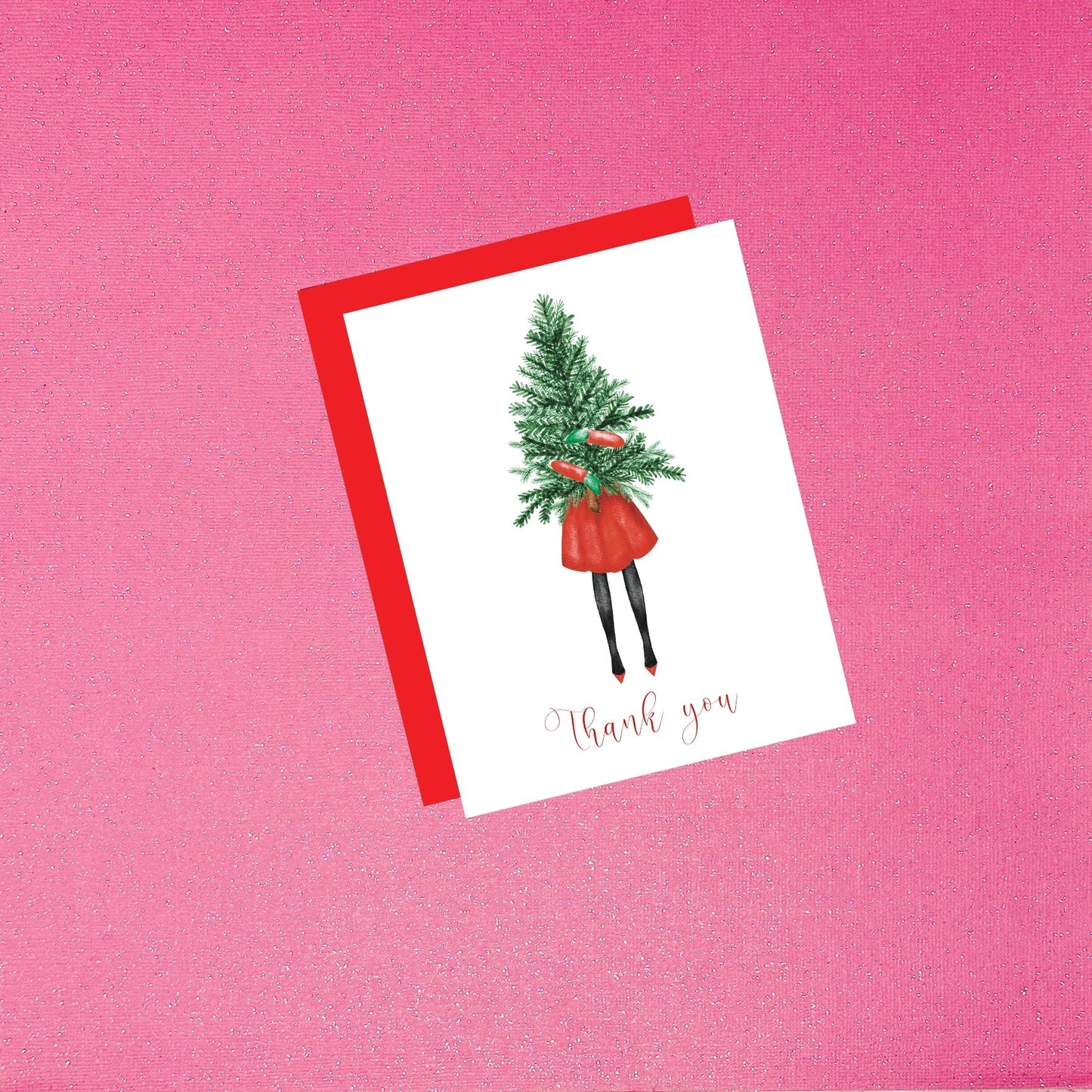 Holiday - Fashion Illustration Red And Green Christmas Tree And Coat Thank You Card