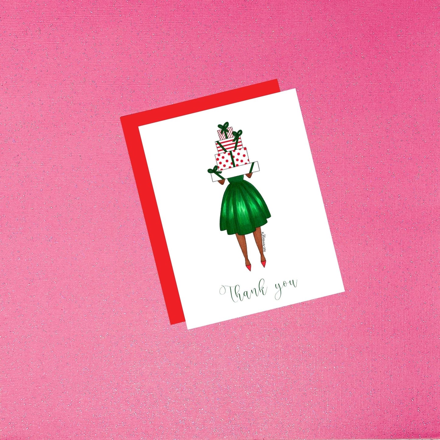 Holiday Card - Gracious Gifts - Dark Skin | Fashion Illustration Christmas Thank You Card