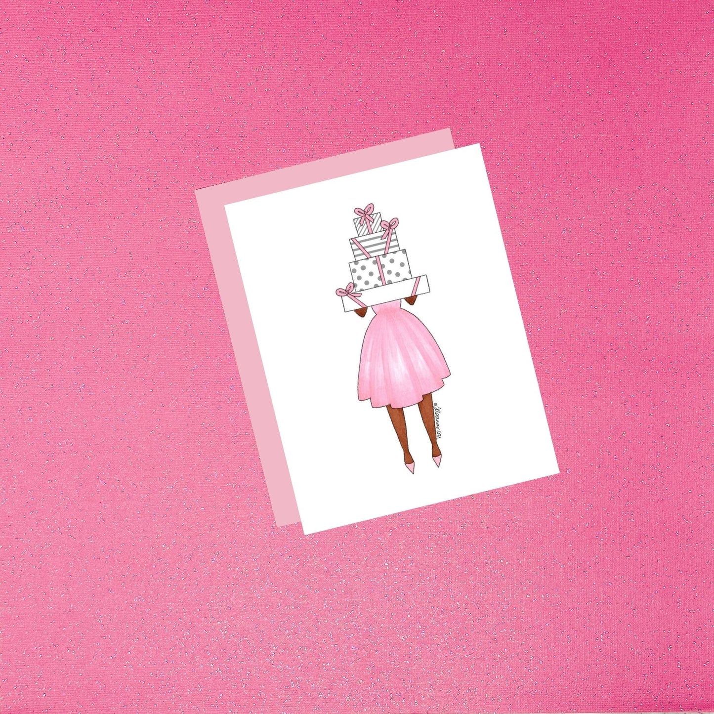 Girl With Presents - Gracious Gifts Fashion Illustration Card - Light Pink Dark Skin