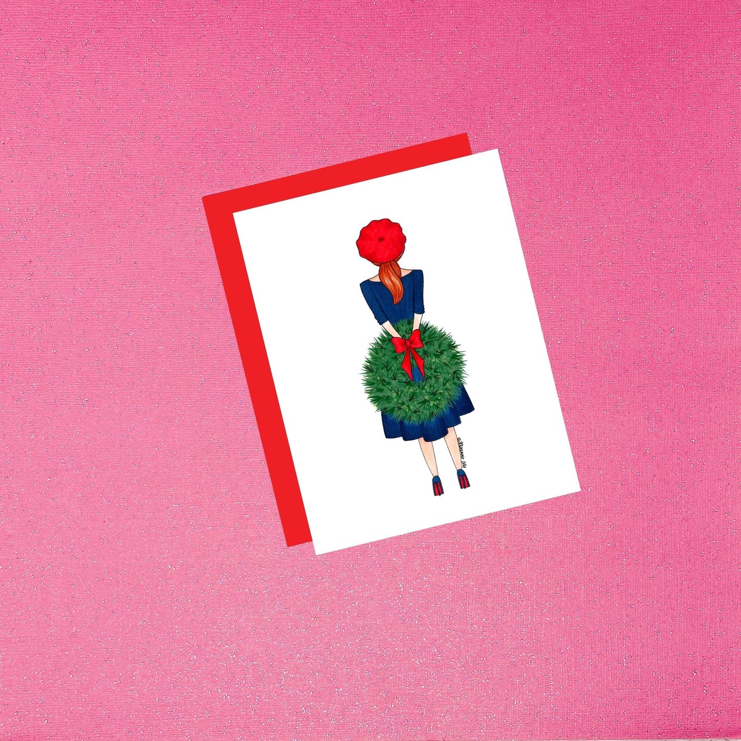 Holiday - Brilliance in Blue | Hand-Drawn Fashion Illustration Christmas Card (Red hair fair skin)
