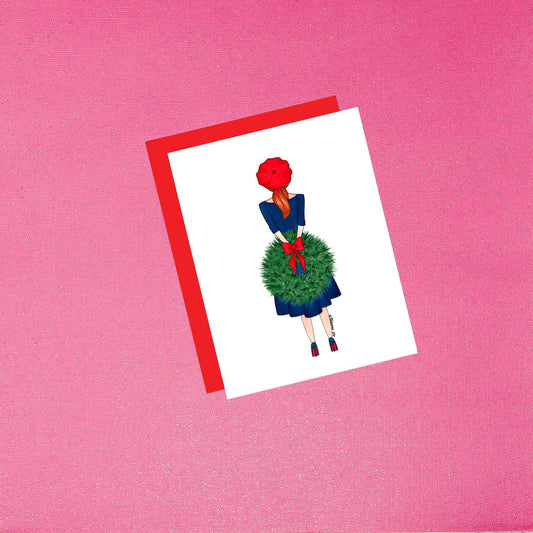 Holiday - Brilliance in Blue | Hand-Drawn Fashion Illustration Christmas Card (Red hair fair skin)