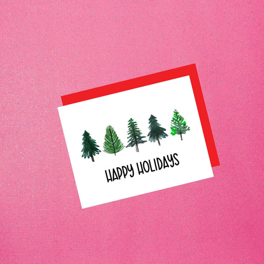 Holiday - Happy Holidays Watercolor Trees Christmas Greeting Card