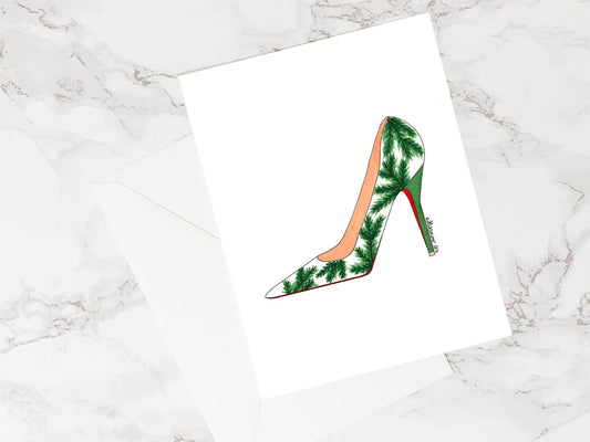 Holiday - High Heel Shoe Fashion Illustration Christmas Card - Pine Tree Branches