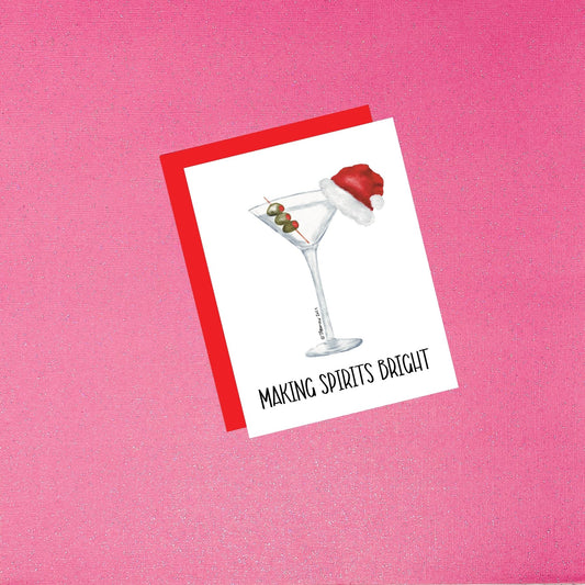 Making Spirits Bright Funny Holiday Card | Watercolor Martini with Santa Hat