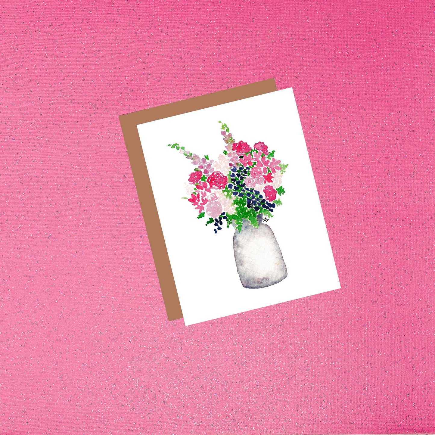 Pink And Purple Vase Bouquet - Watercolor Flower Greeting Card