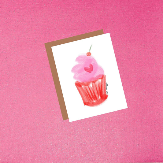 Pink And Red Watercolor Cupcake Celebration Birthday Greeting Card