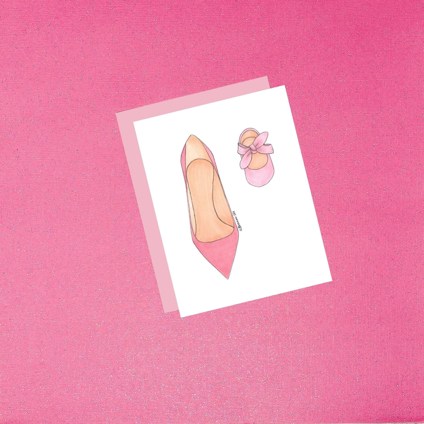 Girl Mom Fashion Illustration Card - Pink Mommy And Me High Heel And Baby Shoes