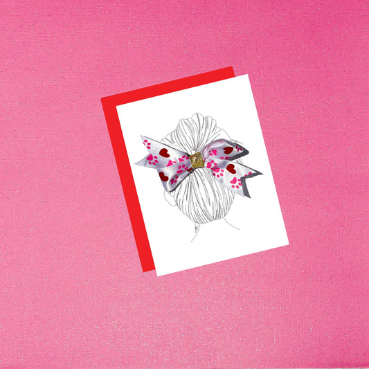 Girl With Real Hair Bow Clip Fashion Greeting Card - Valentine's Day Hearts And Paw Prints