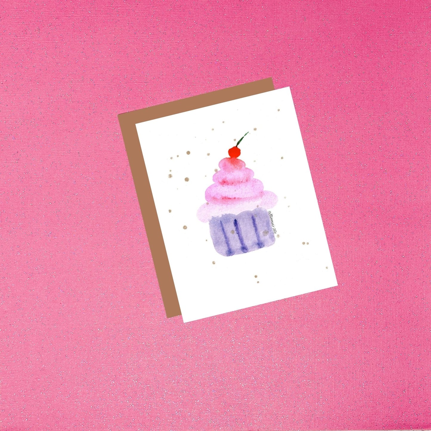 Pink and Purple Watercolor Cupcake Celebration Birthday Greeting Card
