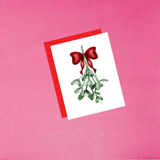 Mistletoe Christmas Card | Hand-Painted Watercolor Holiday Card with Red Bow | Blank Inside