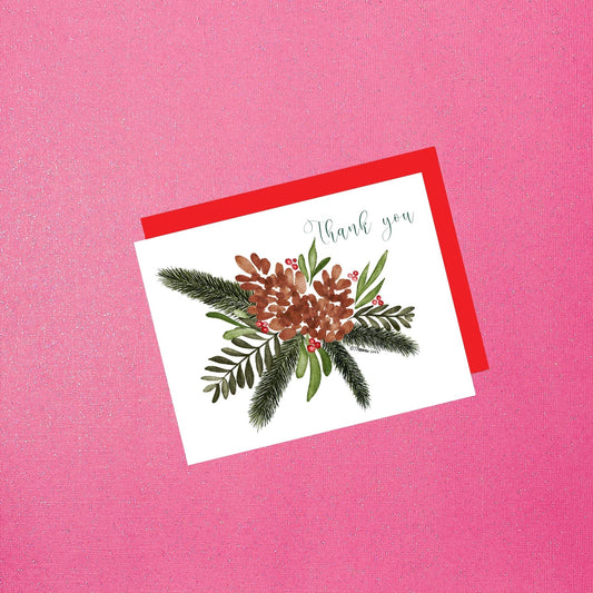 Thank You Pinecone Bouquet Card | Hand-Painted Watercolor Holiday Thank You Card with Red Envelope