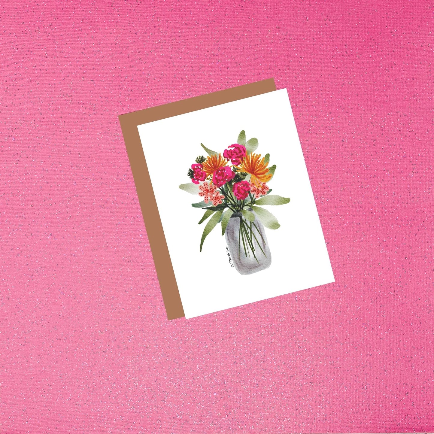 Watercolor Pink And Orange Floral Bouquet Greeting Card