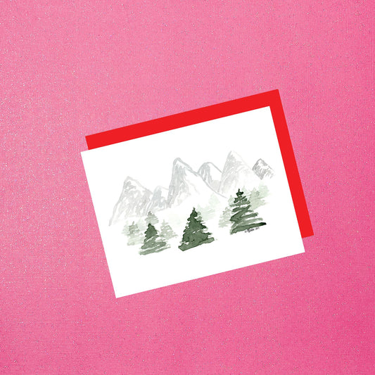 Mountain Landscape Greeting Card | Hand-Painted Watercolor Winter Card with Red Envelope | Blank Inside