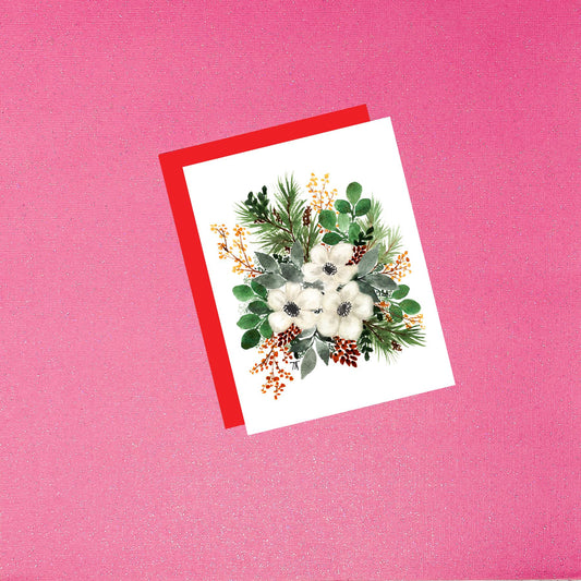 Hand-Painted Holiday Floral Greeting Card | White Bouquet Christmas Card | Red Envelope