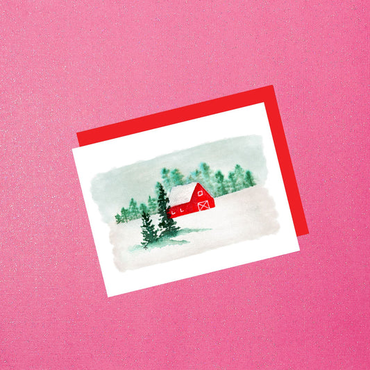 Hand-Painted Winter Barn Christmas Card | Holiday Watercolor Greeting with Red Envelope