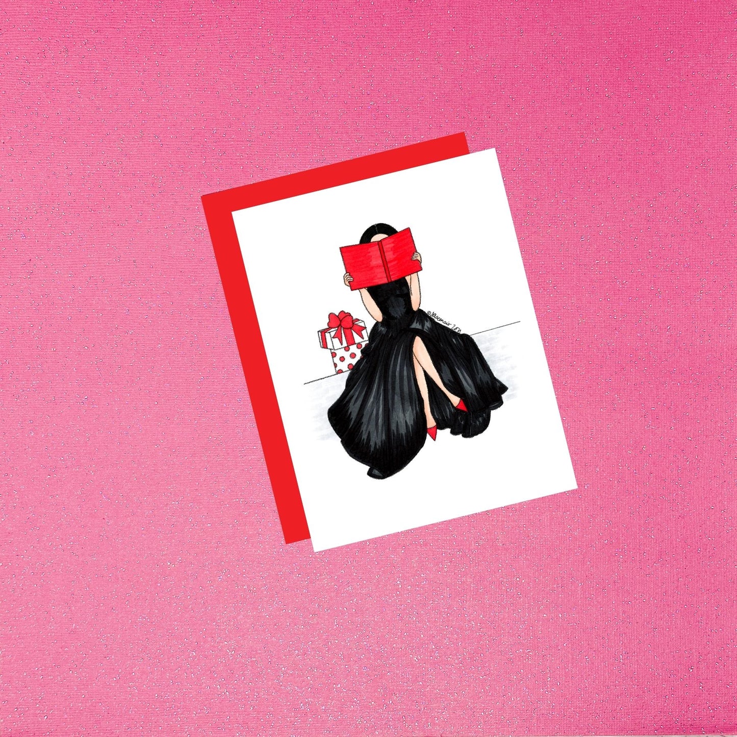 Holiday - Chic Holiday Elegance | Hand-Drawn Fashion Illustration Christmas Card (Black hair fair skin)